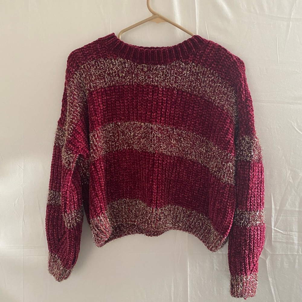 Haute Rouge Chenille Silver Tinsel Crew Neck Oversized Long Sleeve Sweater,Sz XS